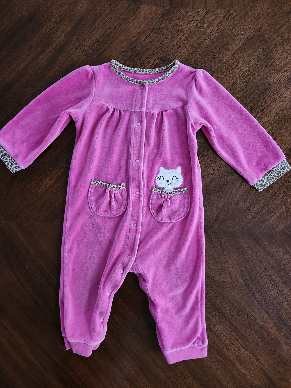 Carter's Pink Plush Velour Cat Pocket Romper One-Piece, 18M